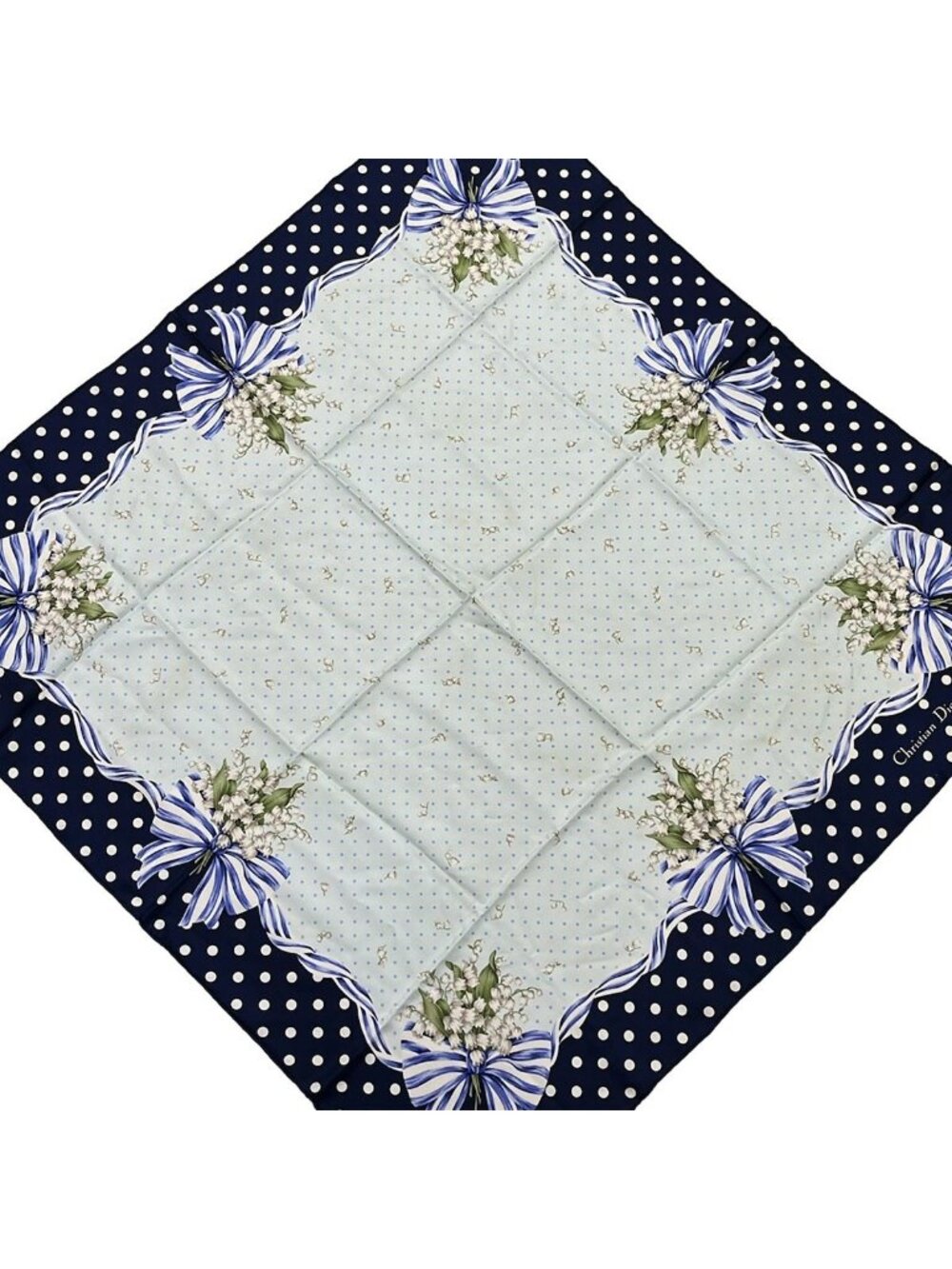 Dior Scarf Navy White Multi Dot Pattern Flower Ribbon